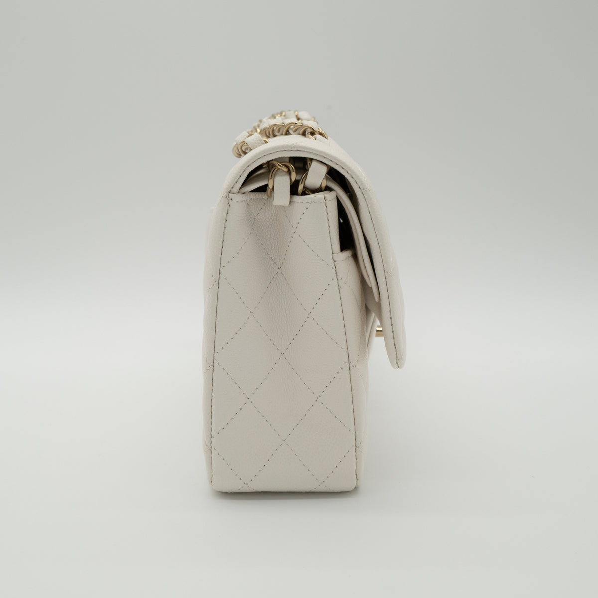 NEW CHANEL Medium Classic Flap White Caviar Quilted Light Gold Hardware Full Set