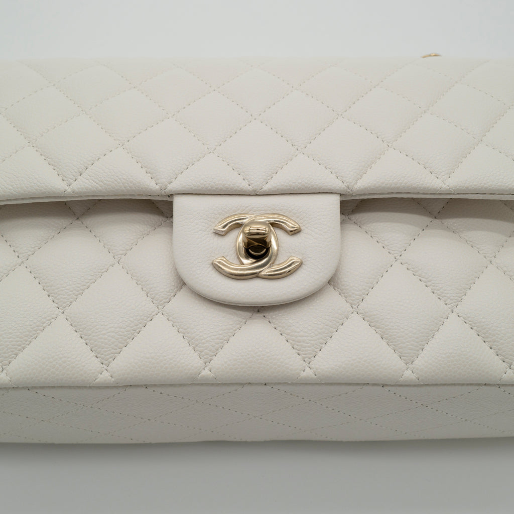 NEW CHANEL Medium Classic Flap White Caviar Quilted Light Gold Hardware Full Set