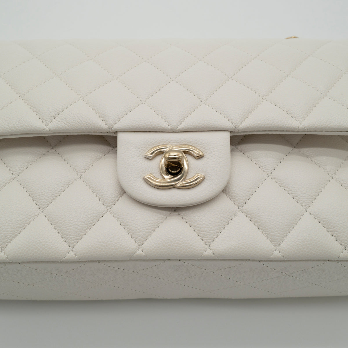 NEW CHANEL Medium Classic Flap White Caviar Quilted Light Gold Hardware Full Set