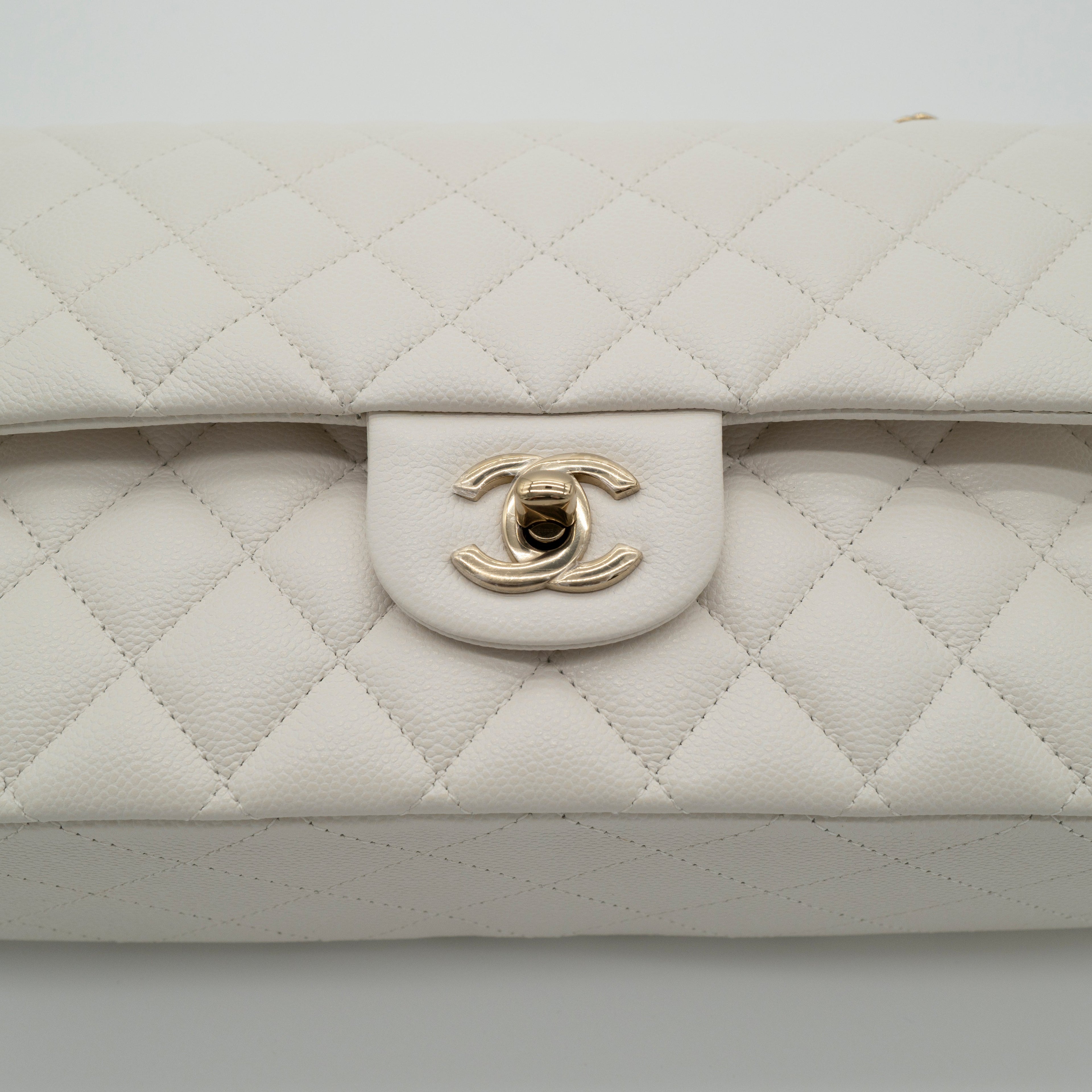 NEW CHANEL Medium Classic Flap White Caviar Quilted Light Gold Hardware Full Set