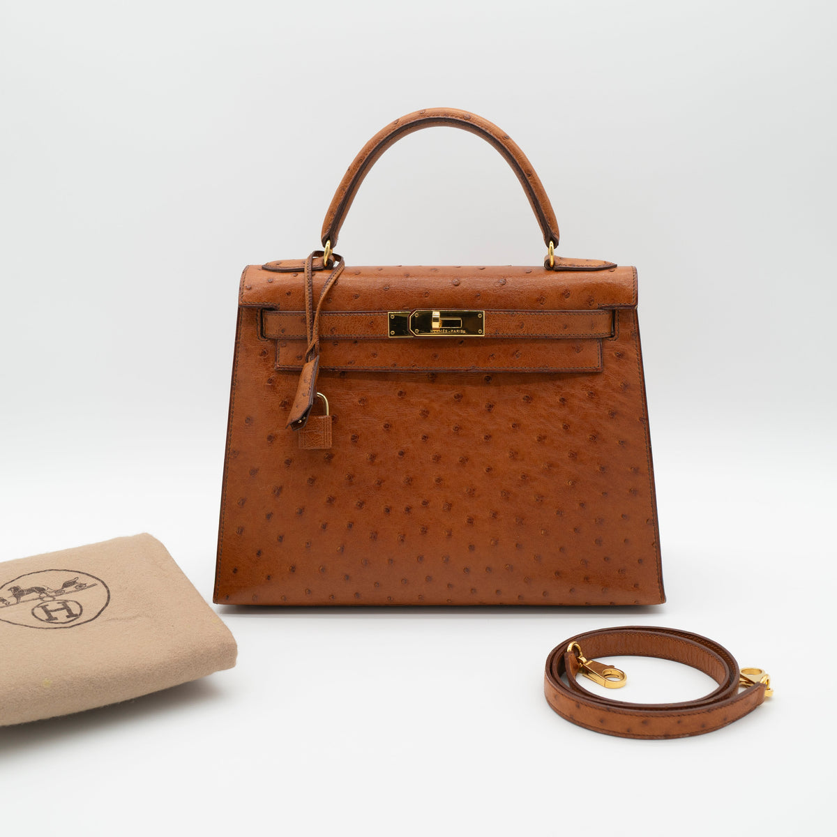Hermès Cognac Ostrich Kelly Sellier 28 Gold Hardware 1994