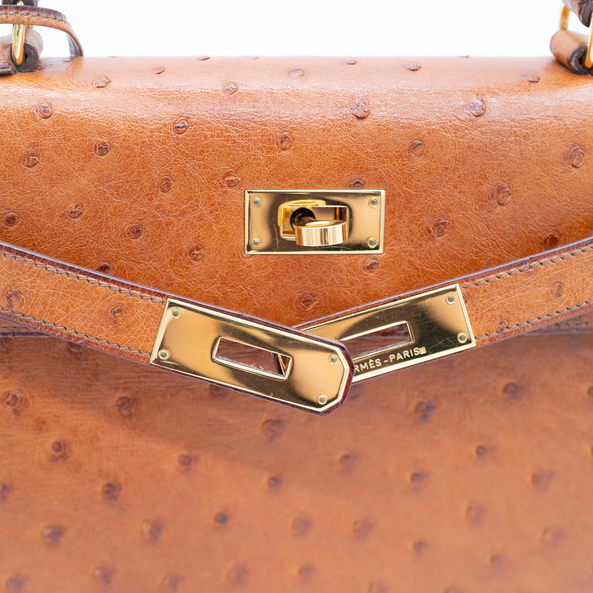Hermès Cognac Ostrich Kelly Sellier 28 Gold Hardware 1994