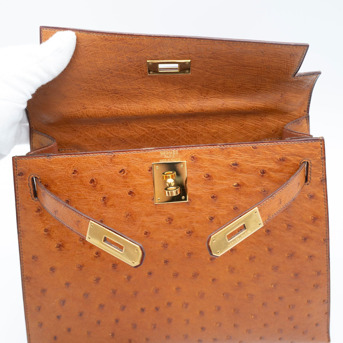 Hermès Cognac Ostrich Kelly Sellier 28 Gold Hardware 1994