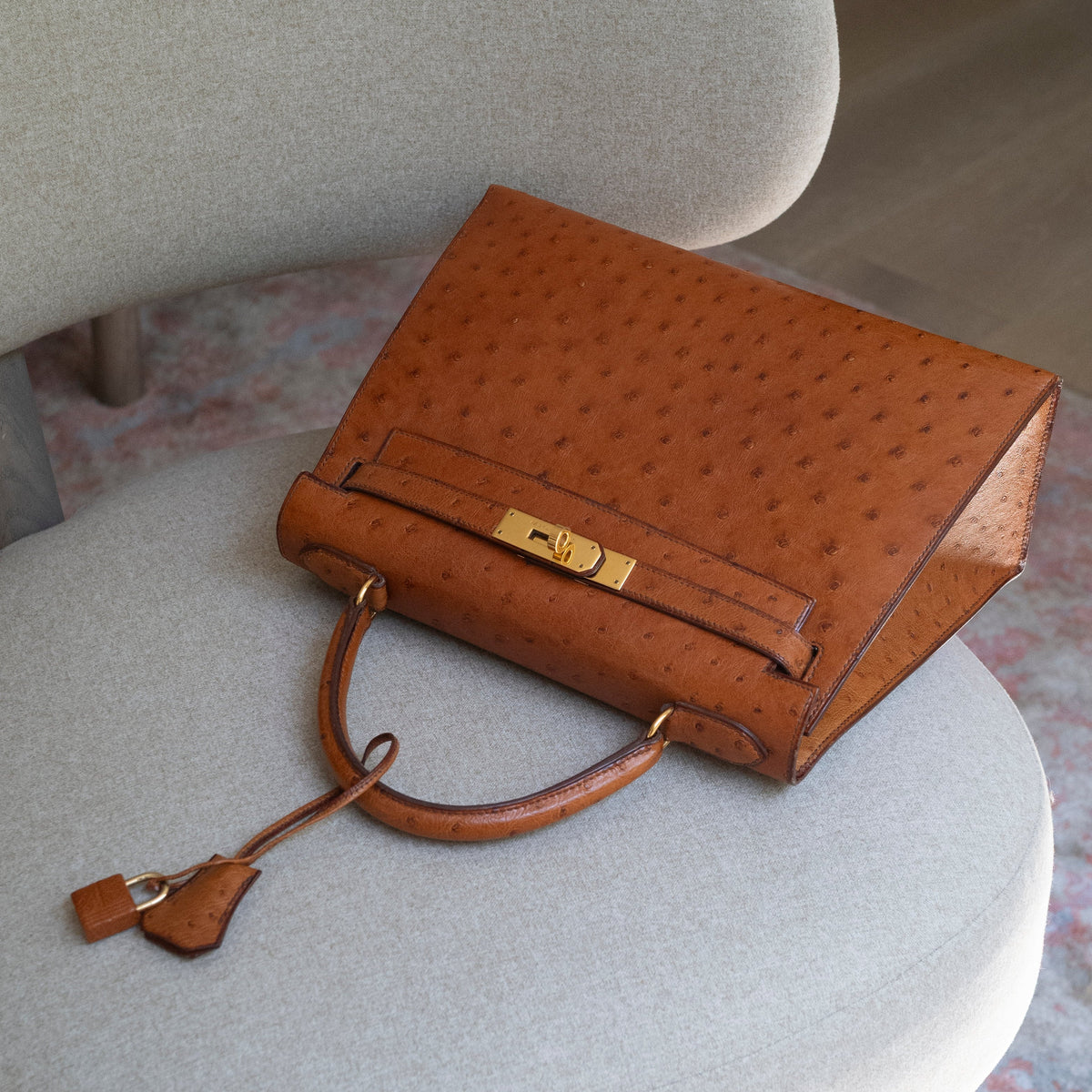 Hermès Cognac Ostrich Kelly Sellier 28 Gold Hardware 1994