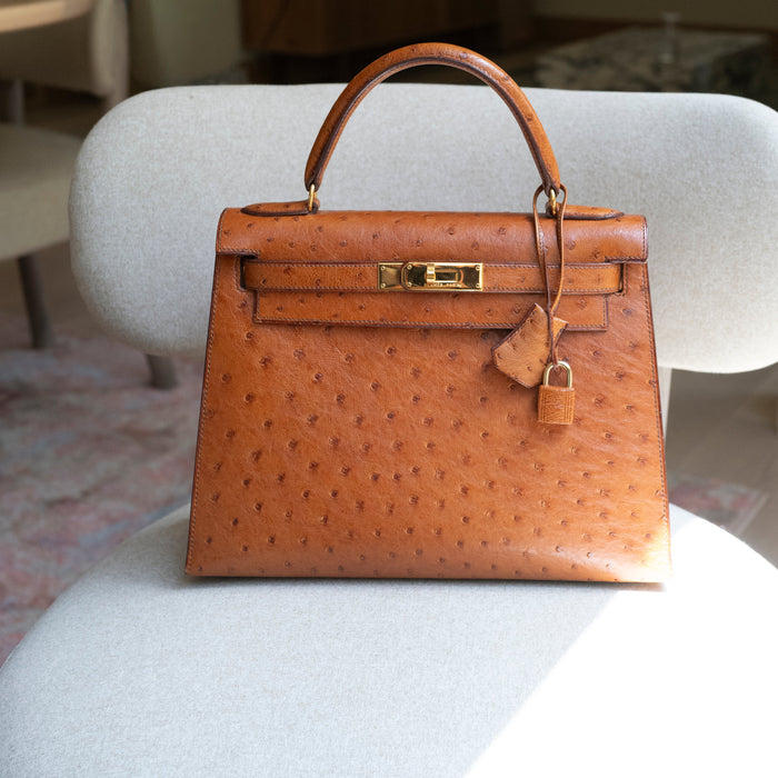 Hermès Cognac Ostrich Kelly Sellier 28 Gold Hardware 1994