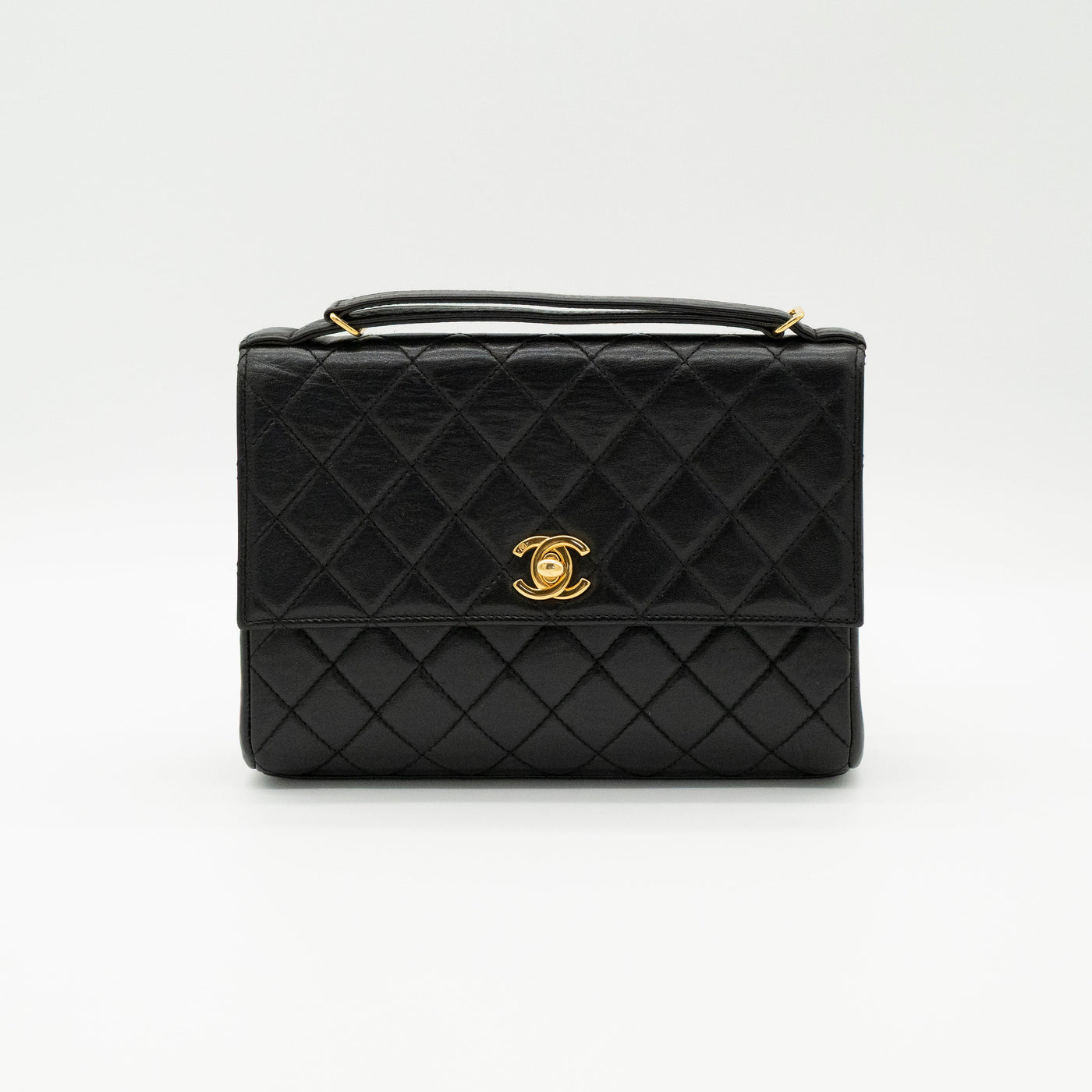 CHANEL Vintage Adjustable Top Handle Satchel Bag Lambskin Quilted 24K Gold Hardware VIP