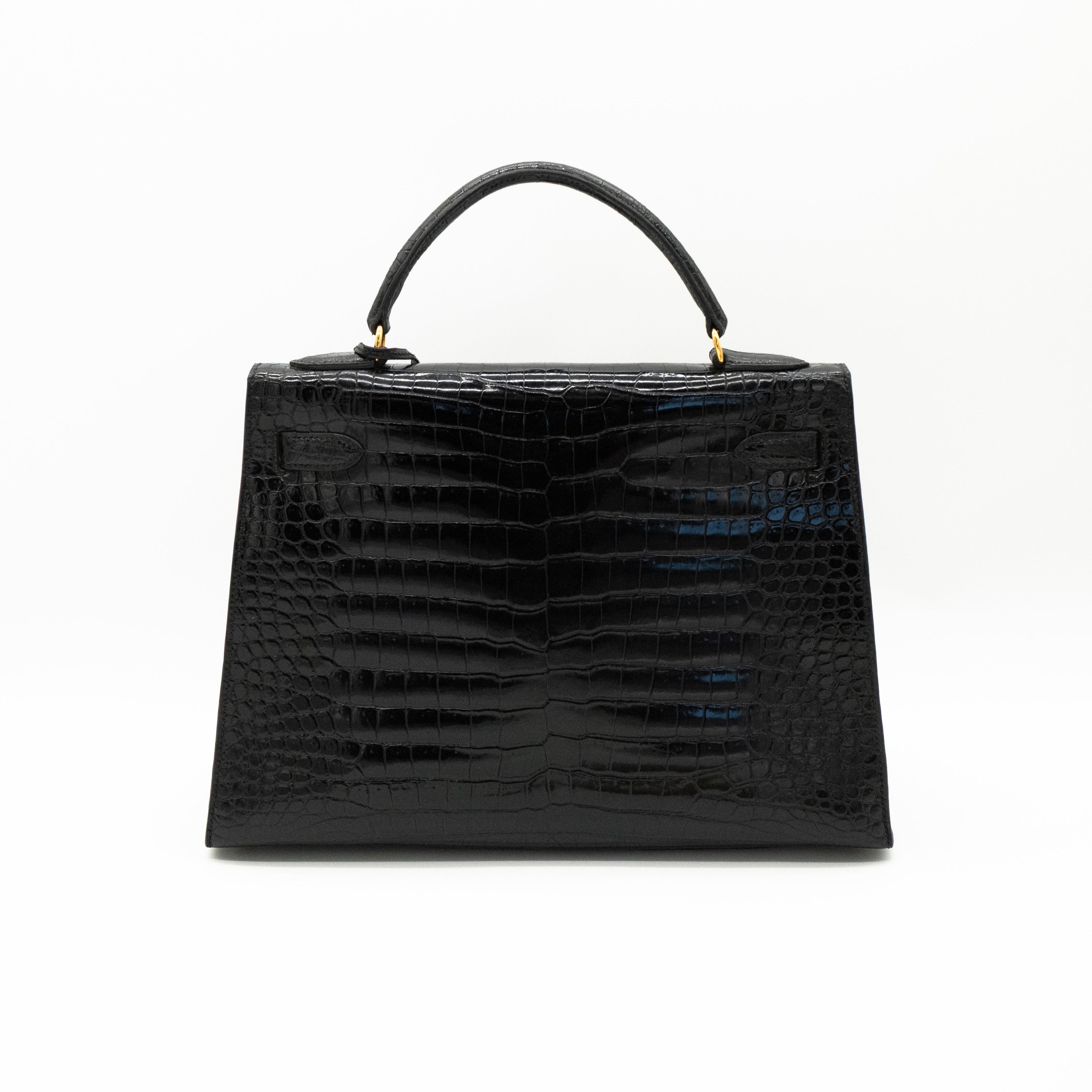 Hermès Black Shiny Porosus Crocodile Sellier Kelly 32 Gold Hardware 1997