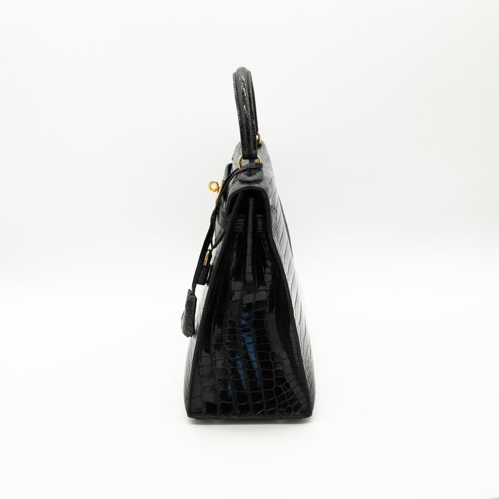 Hermès Black Shiny Porosus Crocodile Sellier Kelly 32 Gold Hardware 1997