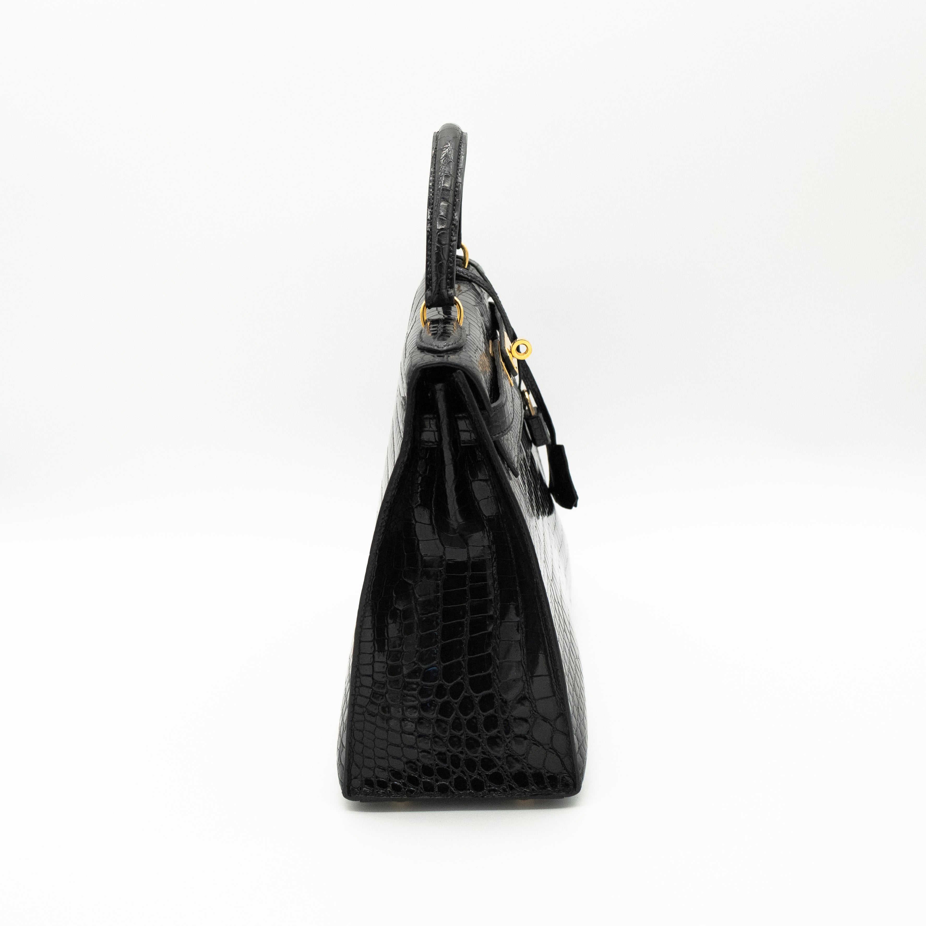 Hermès Black Shiny Porosus Crocodile Sellier Kelly 32 Gold Hardware 1997