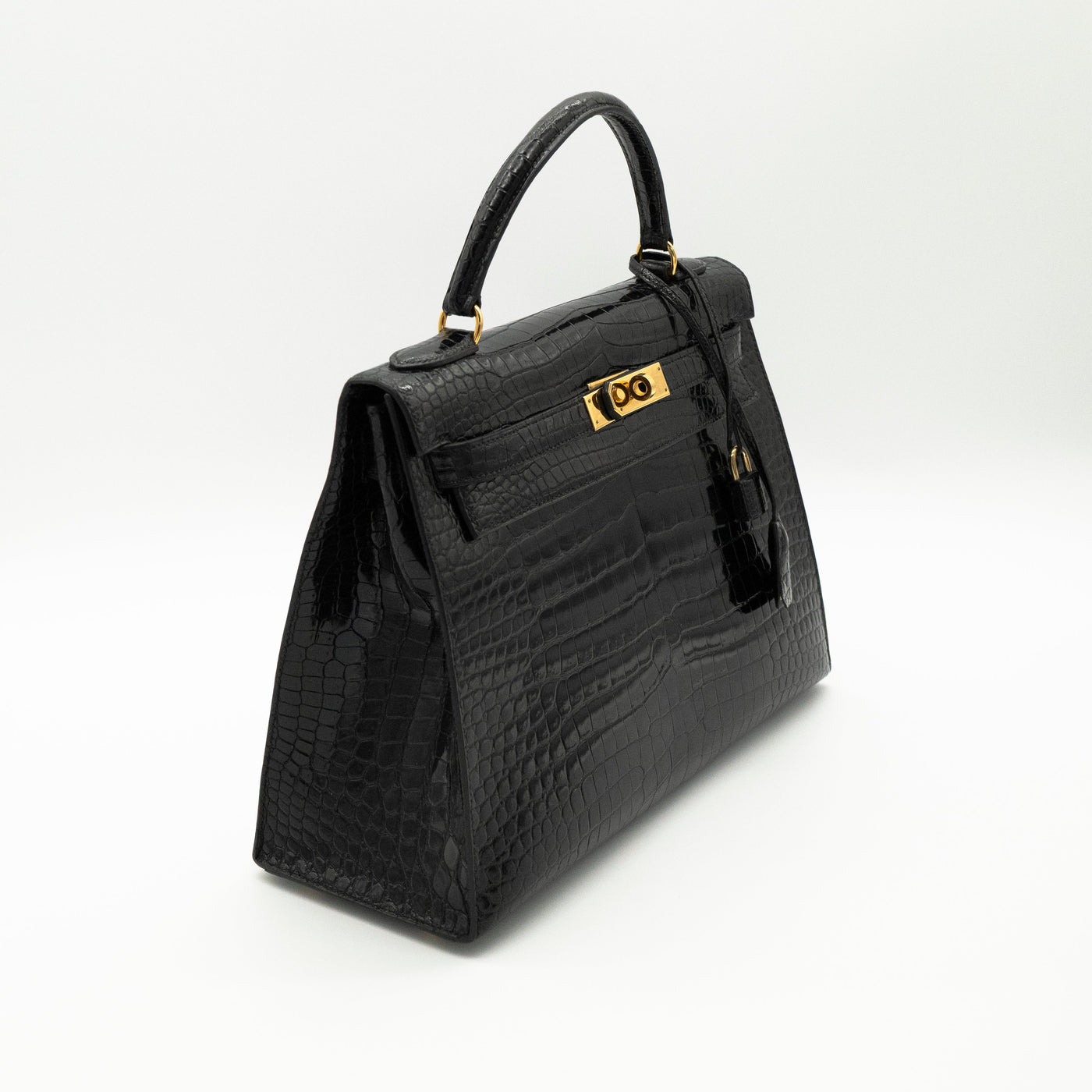 Hermès Black Shiny Porosus Crocodile Sellier Kelly 32 Gold Hardware 1997 VIP
