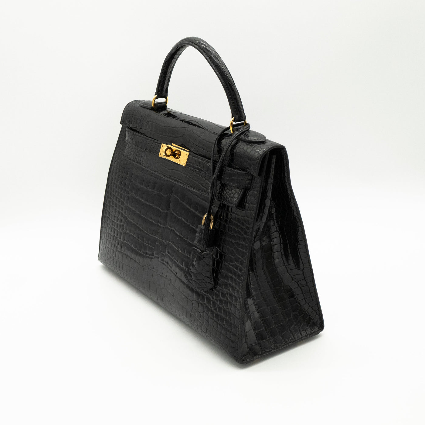 Hermès Black Shiny Porosus Crocodile Sellier Kelly 32 Gold Hardware 1997 VIP