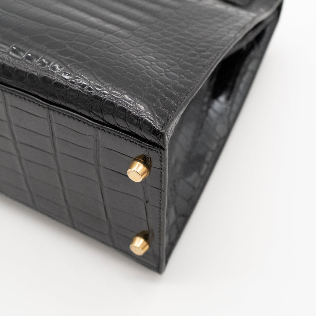 Hermès Black Shiny Porosus Crocodile Sellier Kelly 32 Gold Hardware 1997