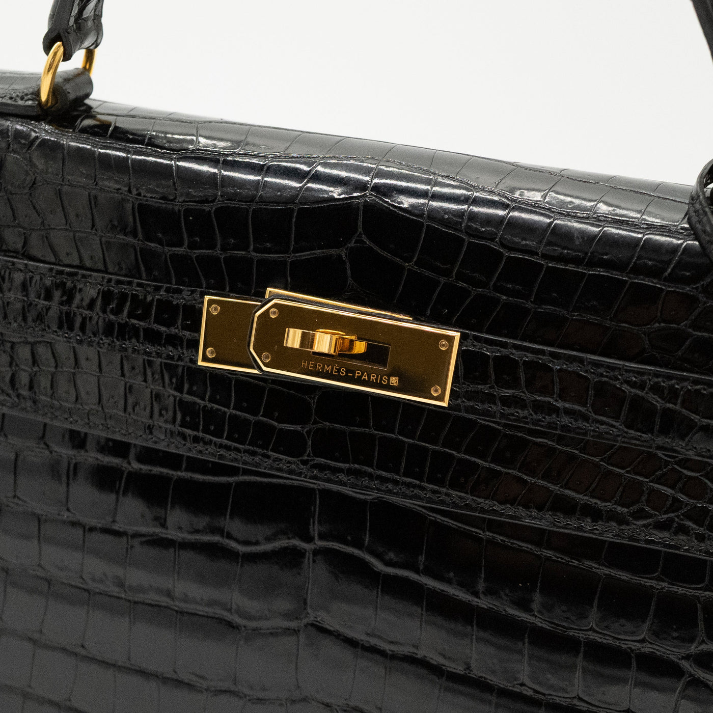 Hermès Black Shiny Porosus Crocodile Sellier Kelly 32 Gold Hardware 1997 VIP