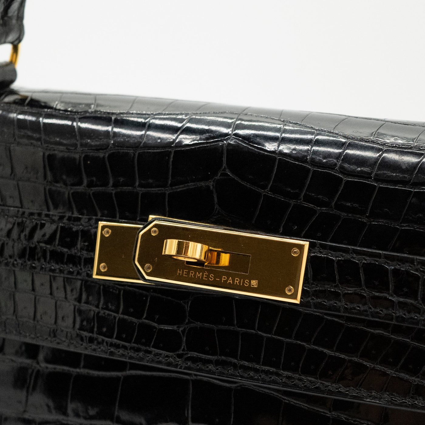 Hermès Black Shiny Porosus Crocodile Sellier Kelly 32 Gold Hardware 1997 VIP
