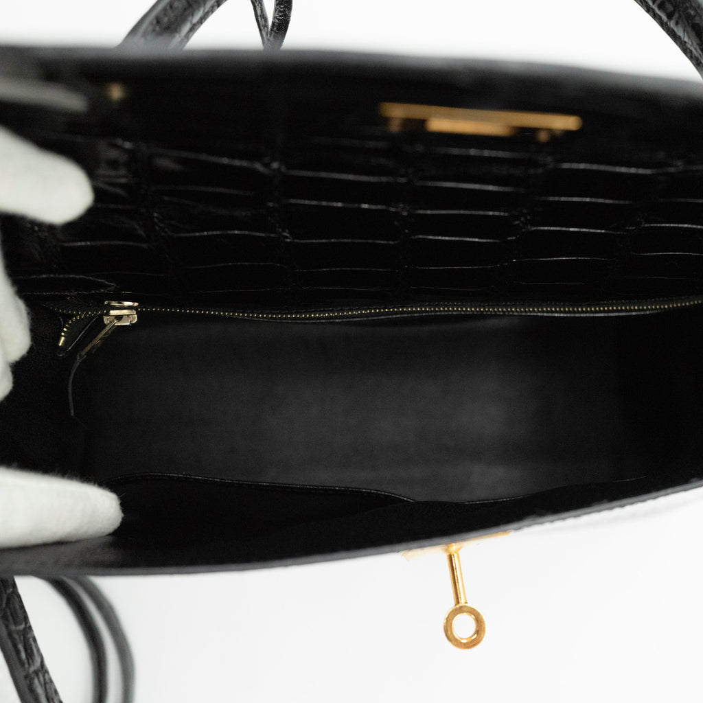 Hermès Black Shiny Porosus Crocodile Sellier Kelly 32 Gold Hardware 1997