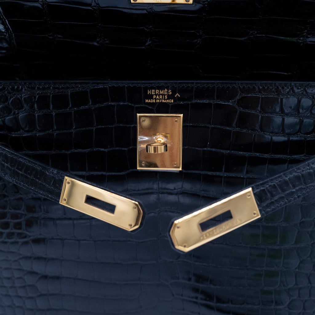 Hermès Black Shiny Porosus Crocodile Sellier Kelly 32 Gold Hardware 1997