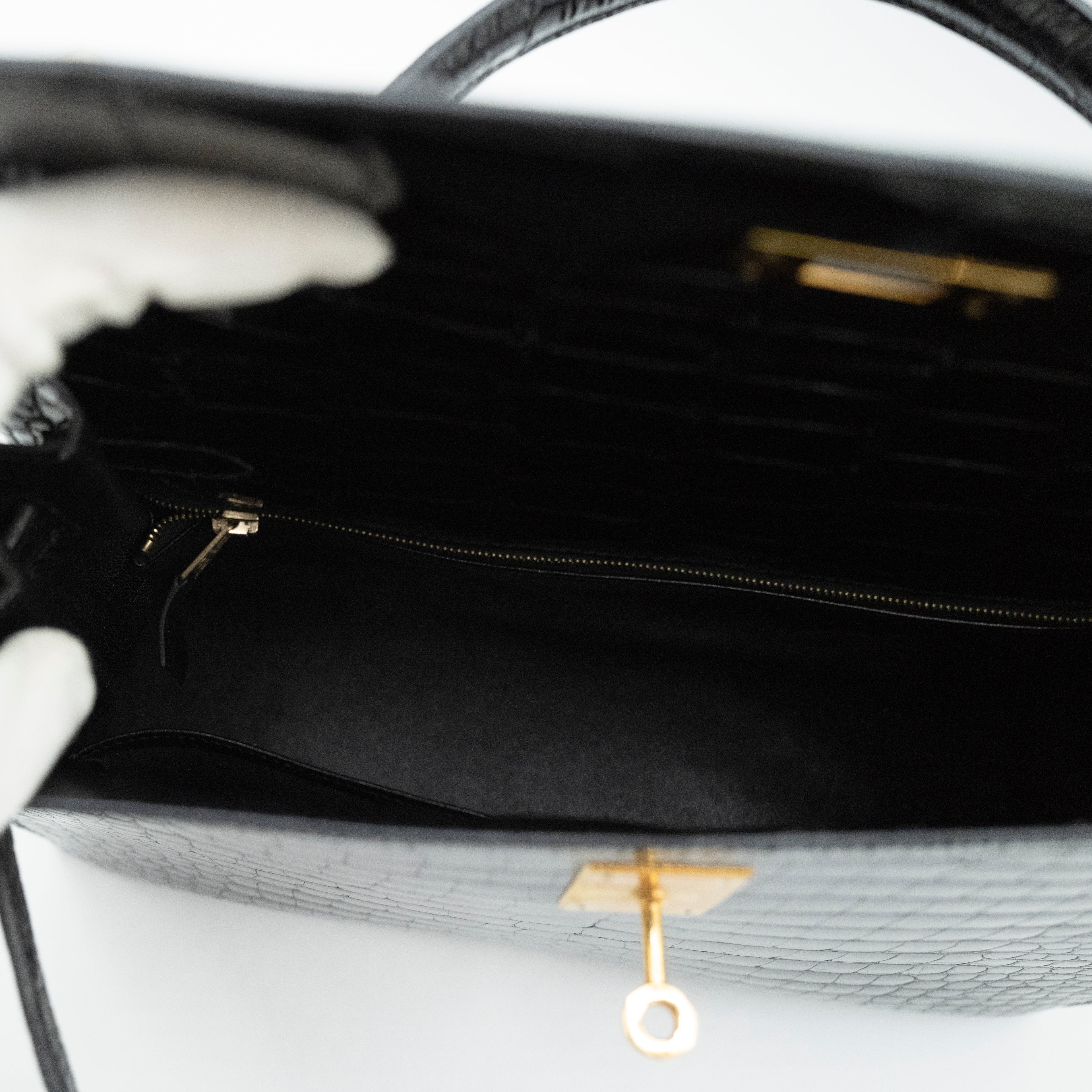 Hermès Black Shiny Porosus Crocodile Sellier Kelly 32 Gold Hardware 1997