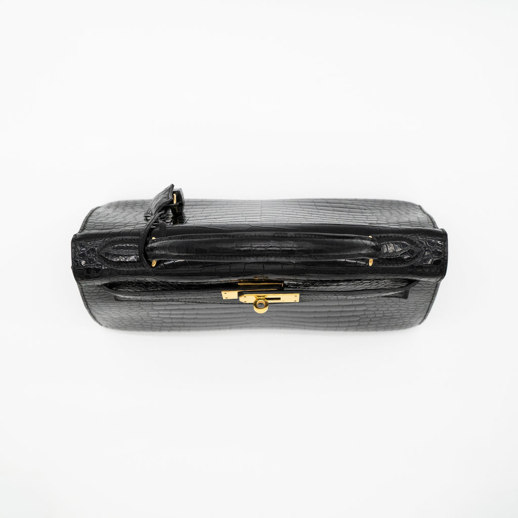 Hermès Black Shiny Porosus Crocodile Sellier Kelly 32 Gold Hardware 1997