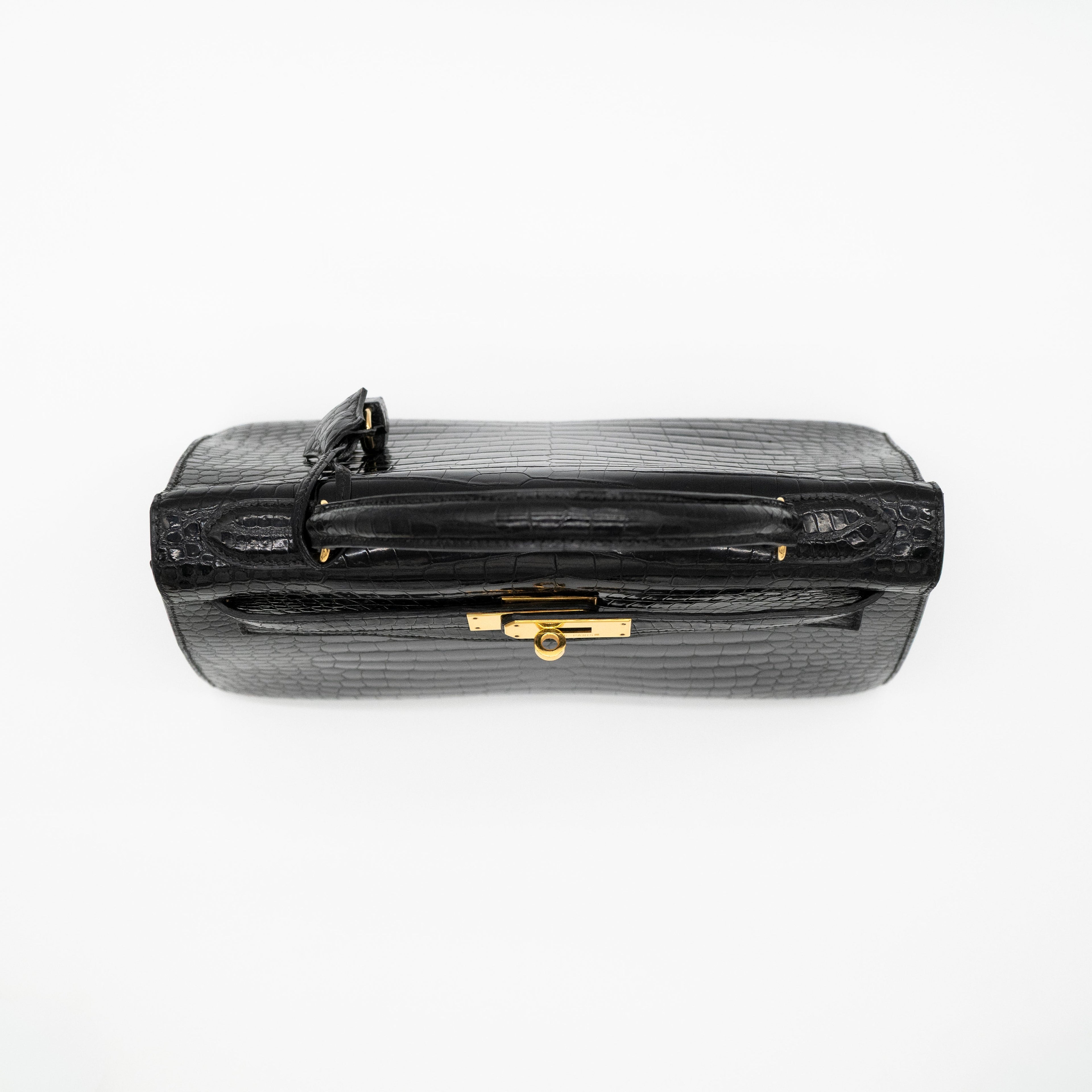 Hermès Black Shiny Porosus Crocodile Sellier Kelly 32 Gold Hardware 1997