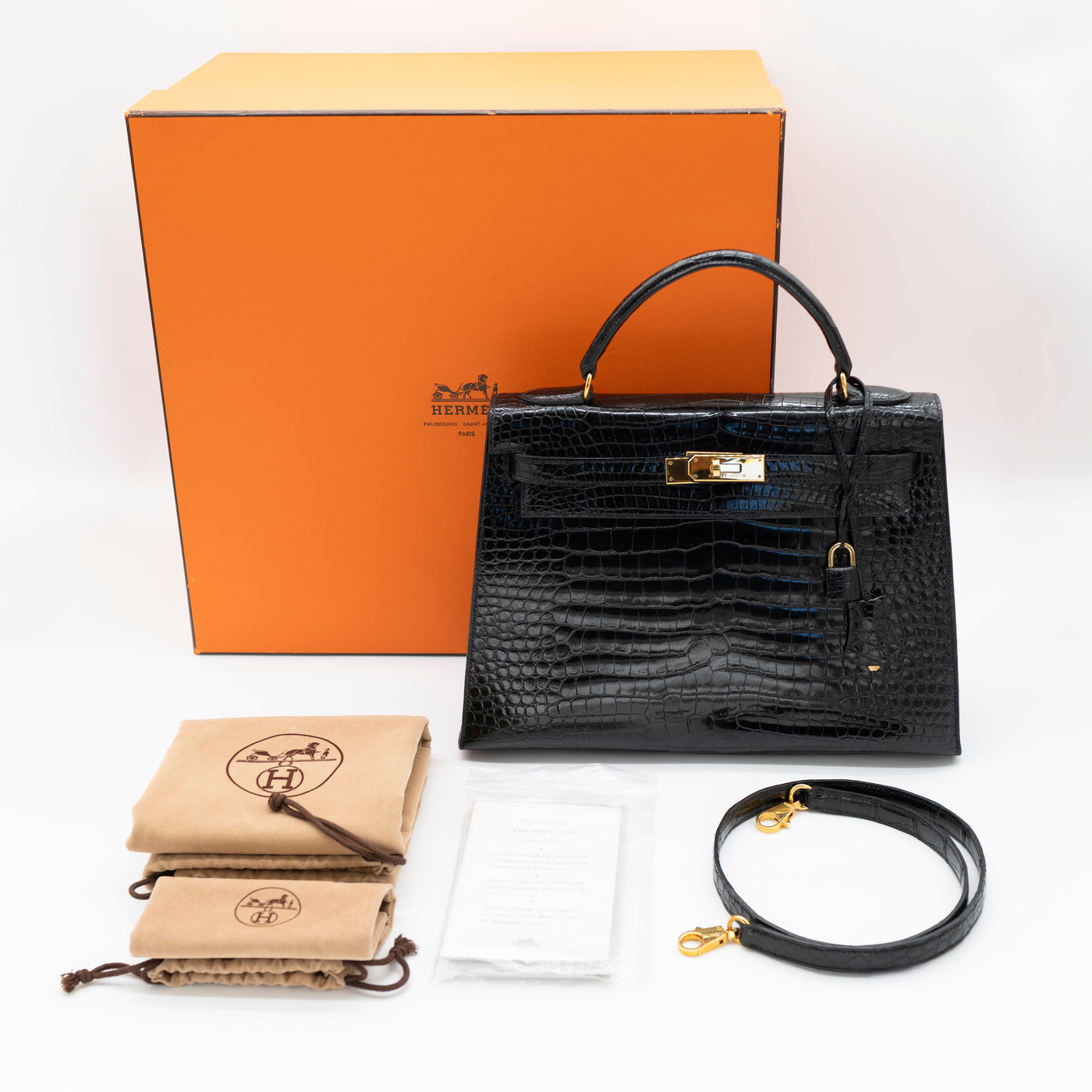 Hermès Black Shiny Porosus Crocodile Sellier Kelly 32 Gold Hardware 1997 VIP