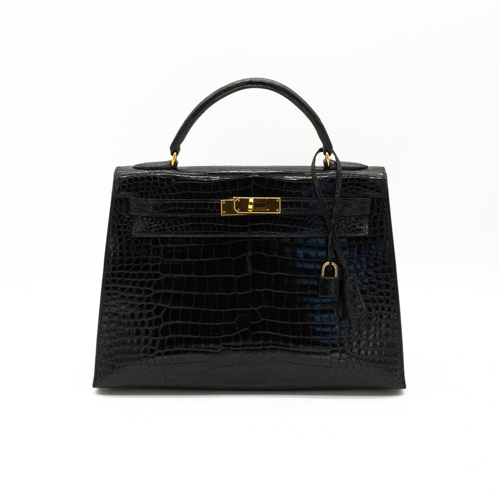 Hermès Black Shiny Porosus Crocodile Sellier Kelly 32 Gold Hardware 1997