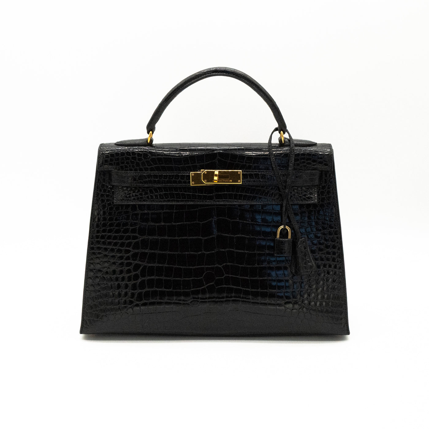 Hermès Black Shiny Porosus Crocodile Sellier Kelly 32 Gold Hardware 1997 VIP