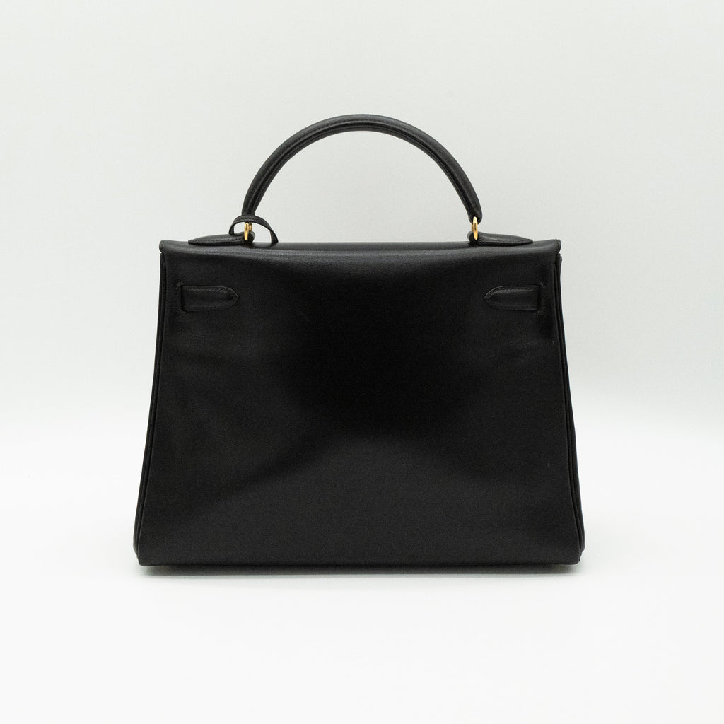 Hermès Vintage Noir Box Calf Kelly 32 Retourné Gold Hardware 1993