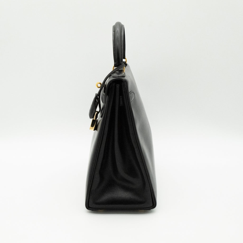 Hermès Vintage Noir Box Calf Kelly 32 Retourné Gold Hardware 1993