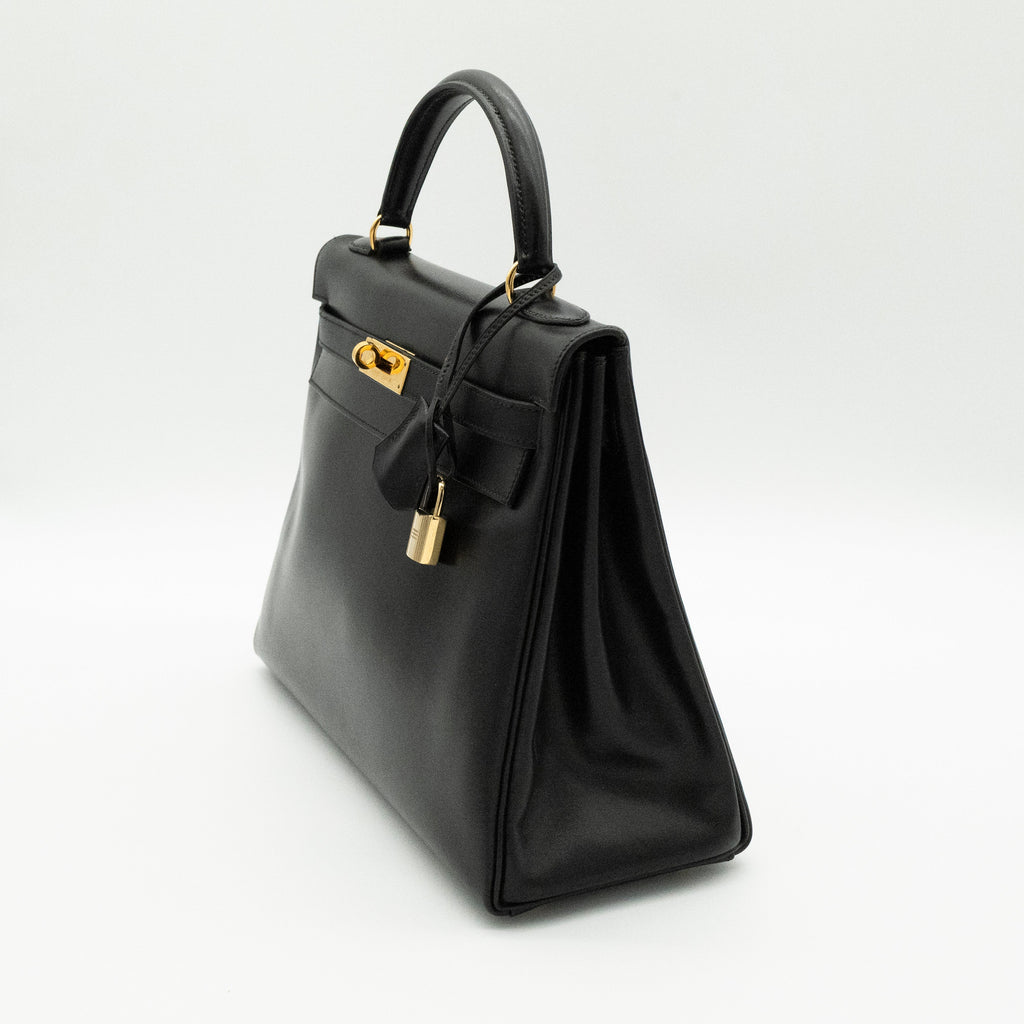 Hermès Vintage Noir Box Calf Kelly 32 Retourné Gold Hardware 1993