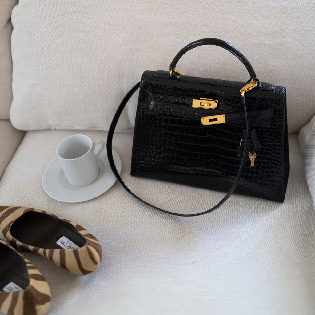 Hermès Black Shiny Porosus Crocodile Sellier Kelly 32 Gold Hardware 1997