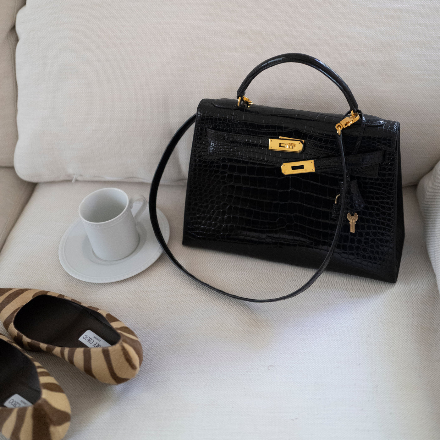 Hermès Black Shiny Porosus Crocodile Sellier Kelly 32 Gold Hardware 1997 VIP