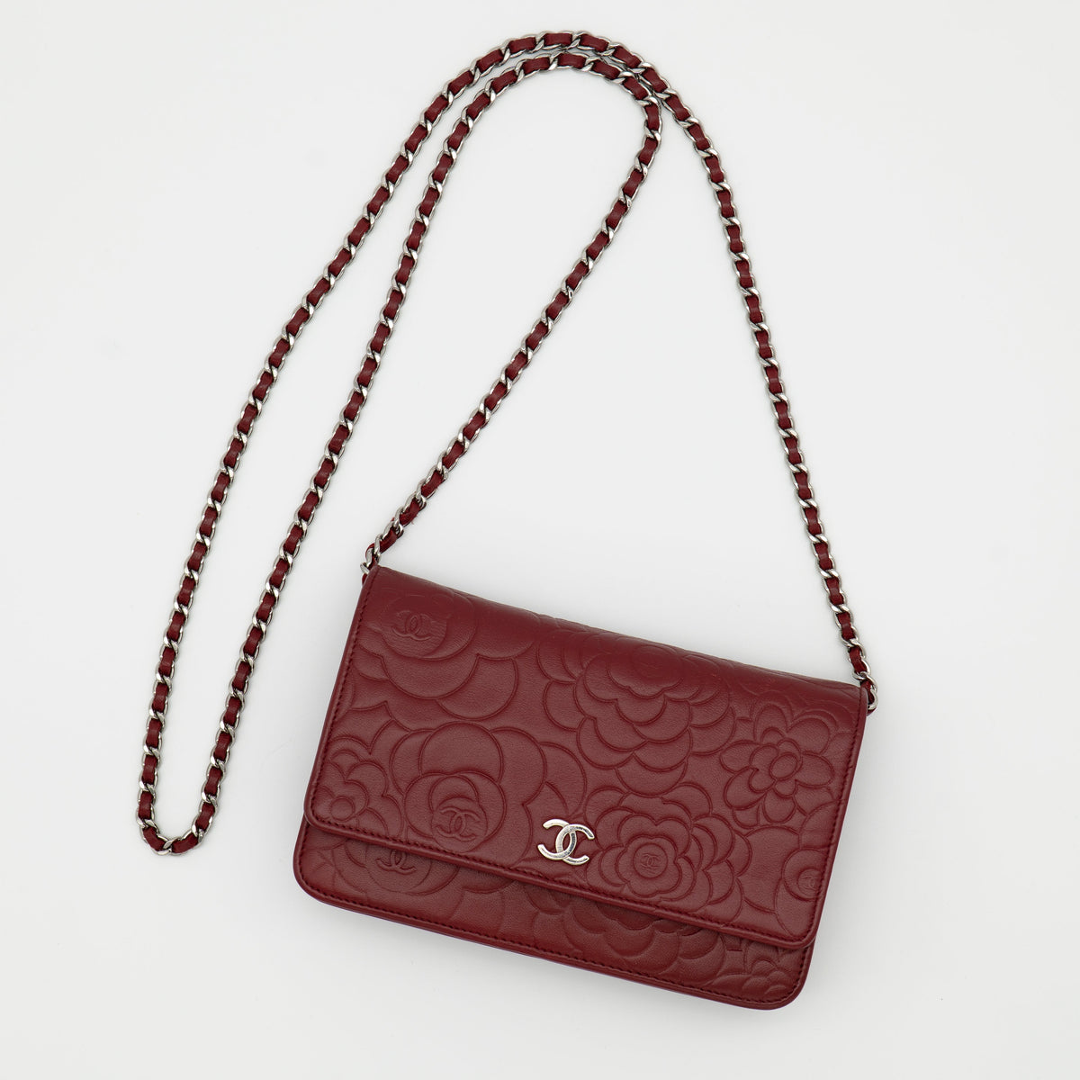 CHANEL Dark Red Camellia Embossed WOC Lambskin SHW A47421