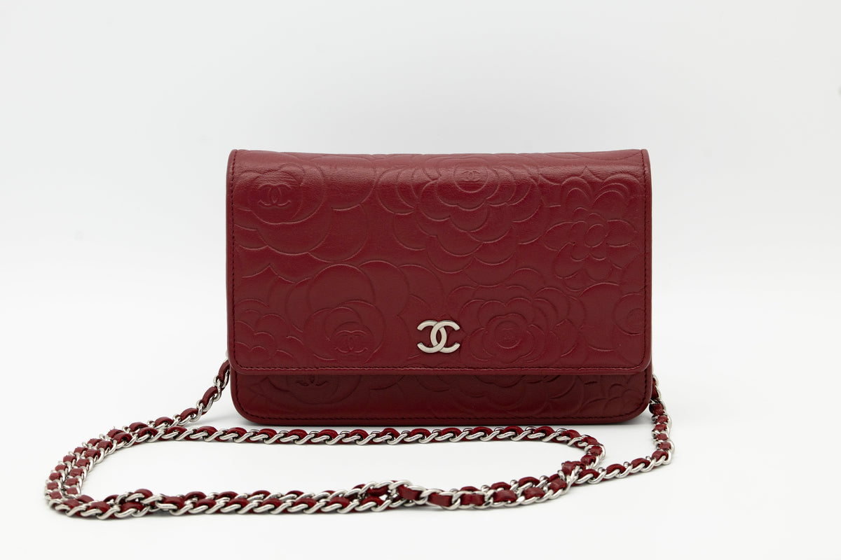 CHANEL Dark Red Camellia Embossed WOC Lambskin SHW A47421