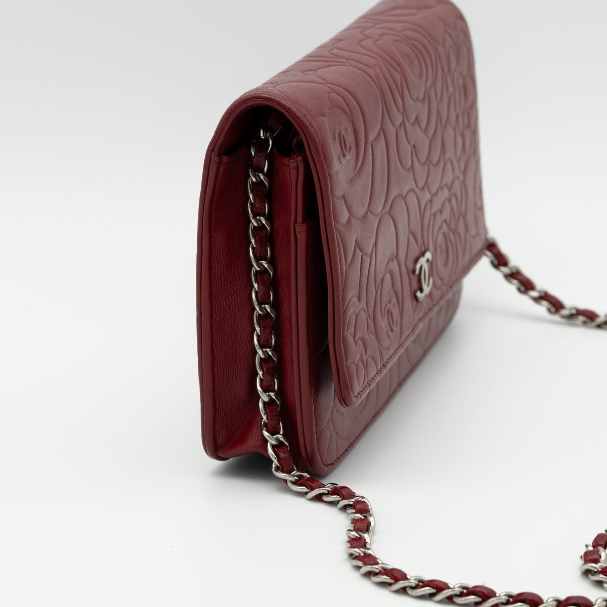 CHANEL Dark Red Camellia Embossed WOC Lambskin SHW A47421