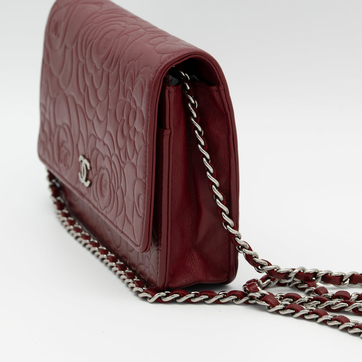 CHANEL Dark Red Camellia Embossed WOC Lambskin SHW A47421