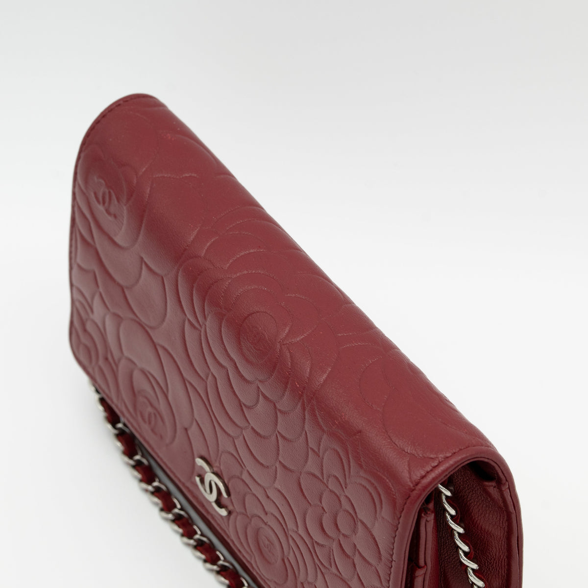 CHANEL Dark Red Camellia Embossed WOC Lambskin SHW A47421