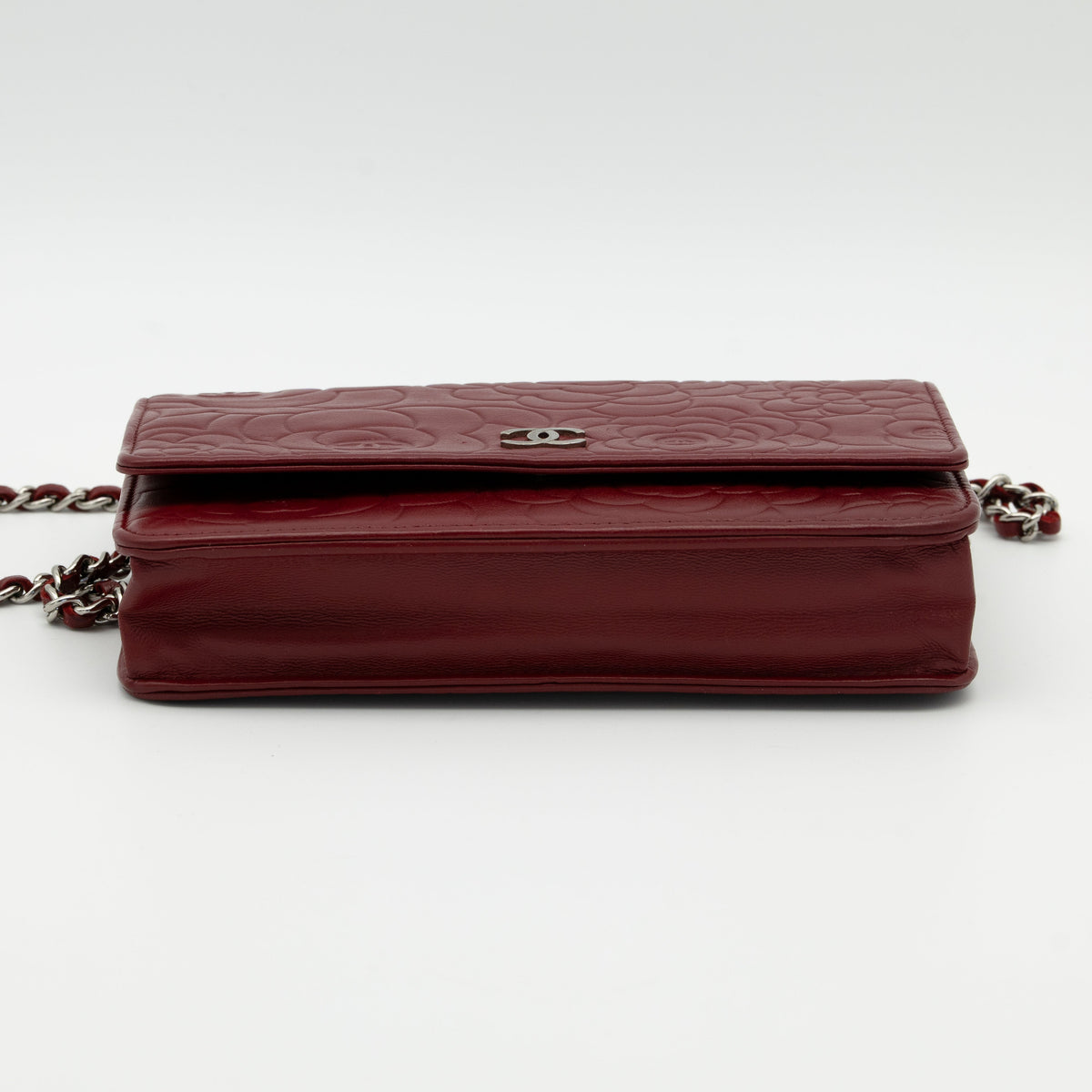 CHANEL Dark Red Camellia Embossed WOC Lambskin SHW A47421