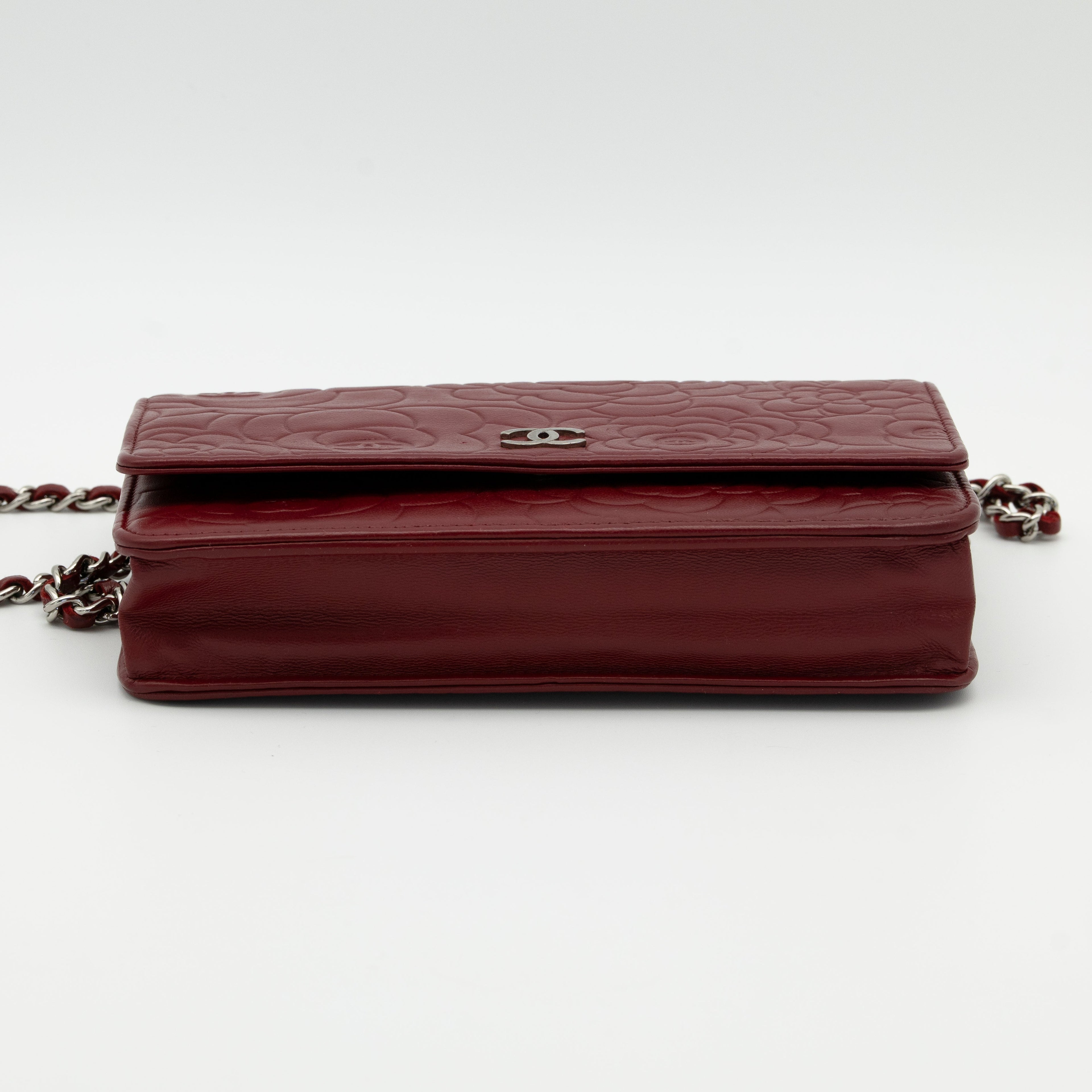 CHANEL Dark Red Camellia Embossed WOC Lambskin SHW A47421