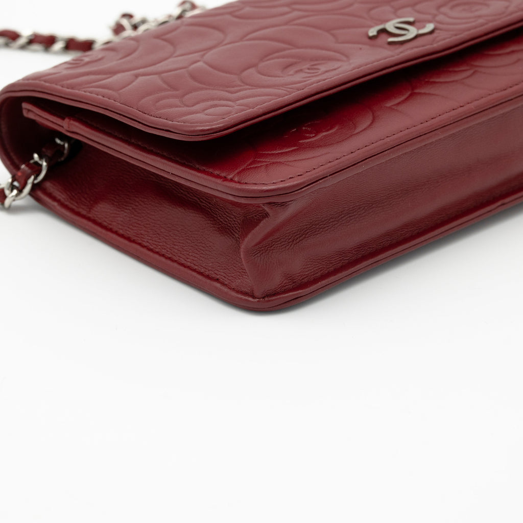 CHANEL Dark Red Camellia Embossed WOC Lambskin SHW A47421