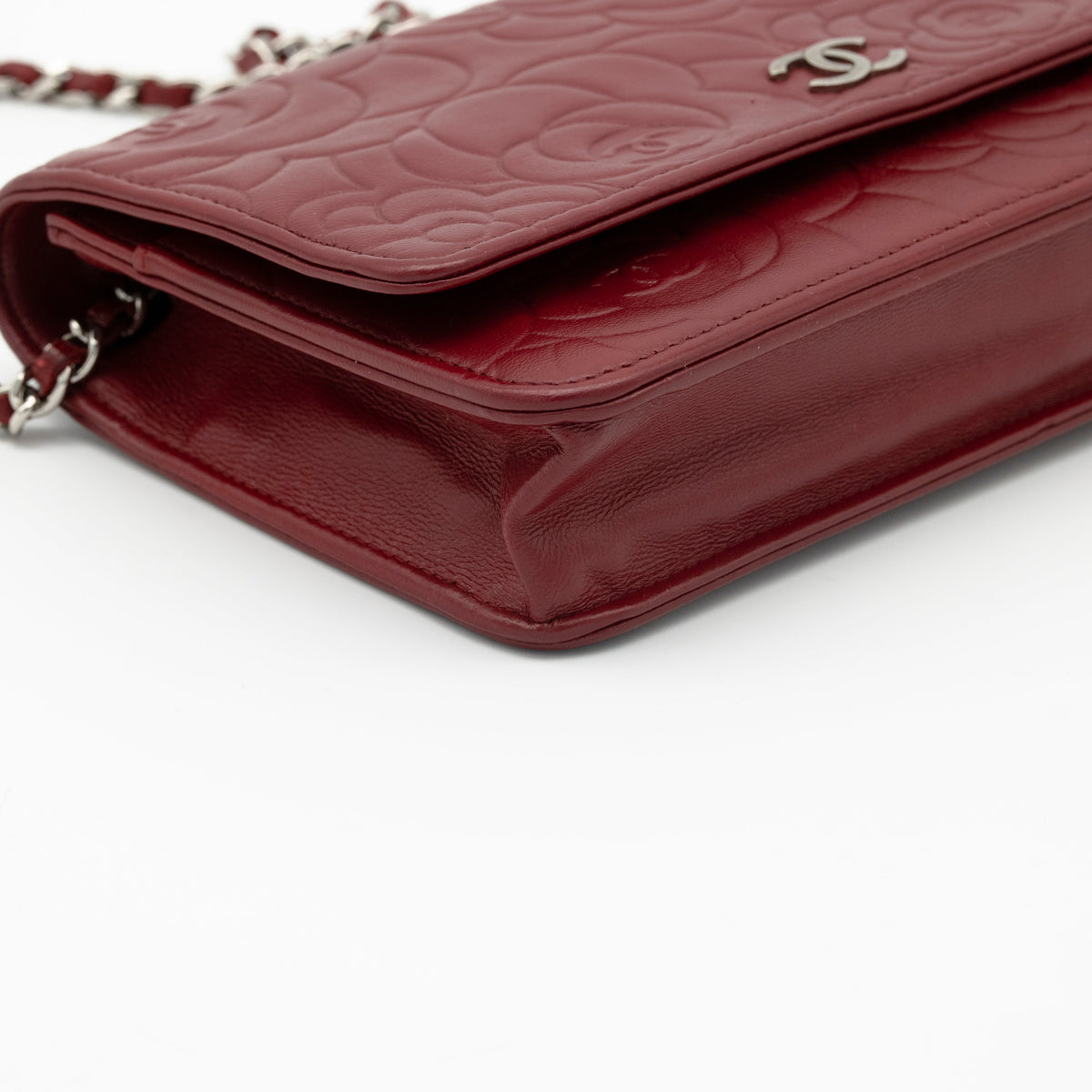 CHANEL Dark Red Camellia Embossed WOC Lambskin SHW A47421