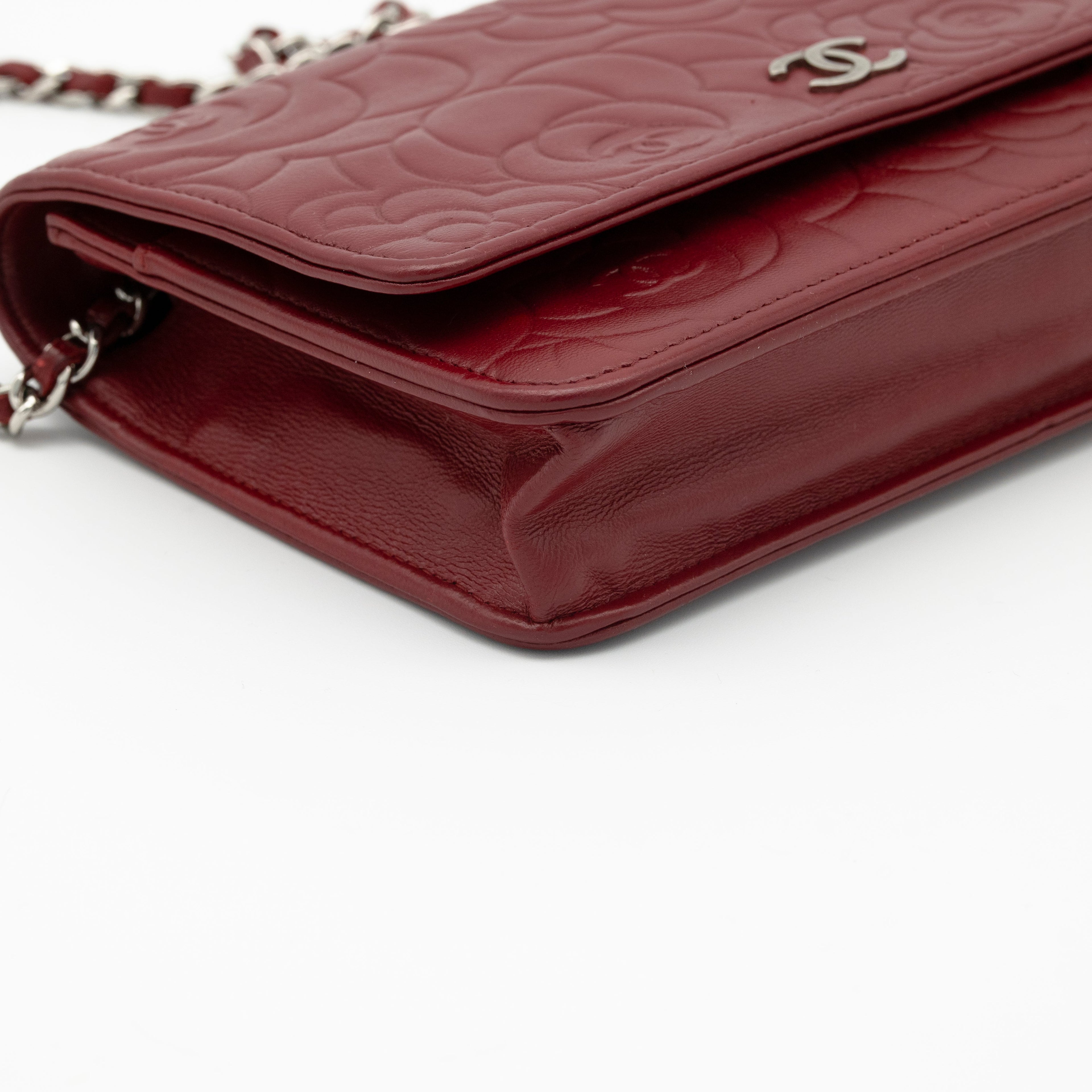 CHANEL Dark Red Camellia Embossed WOC Lambskin SHW A47421