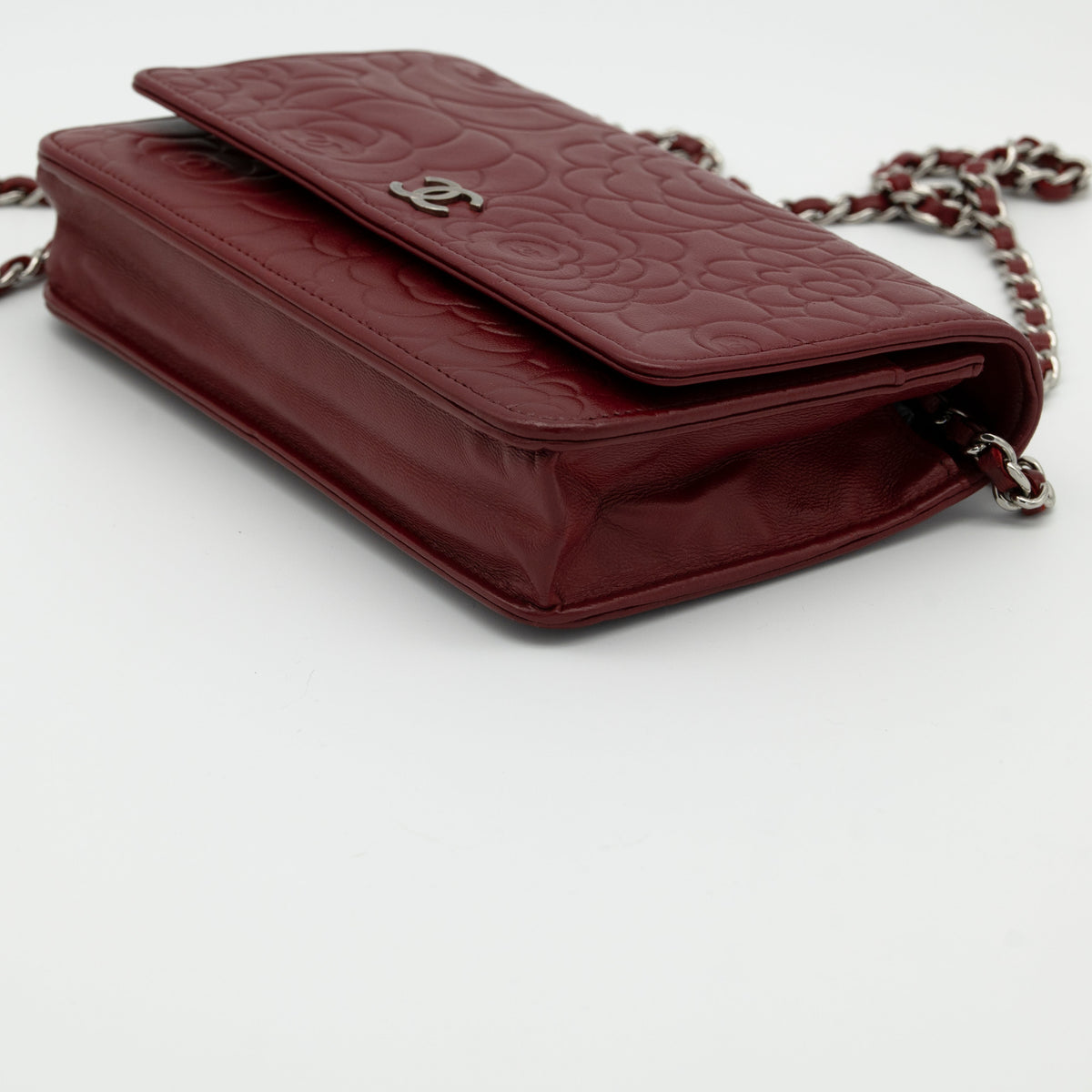 CHANEL Dark Red Camellia Embossed WOC Lambskin SHW A47421