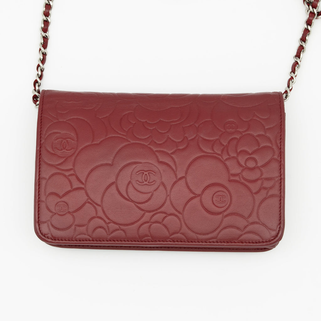 CHANEL Dark Red Camellia Embossed WOC Lambskin SHW A47421