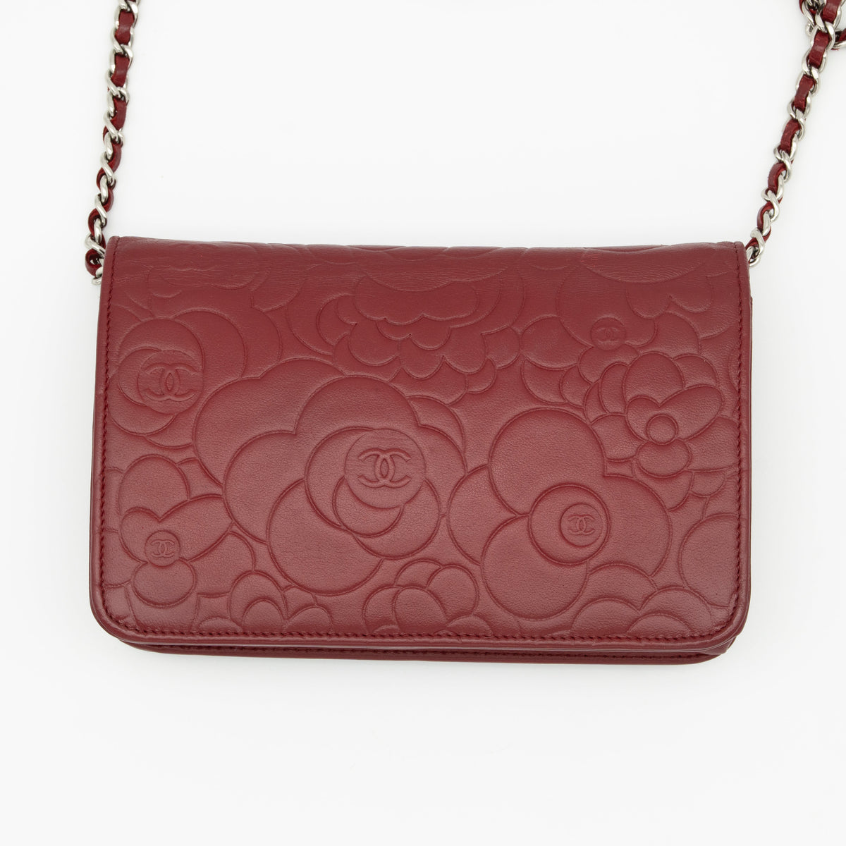 CHANEL Dark Red Camellia Embossed WOC Lambskin SHW A47421