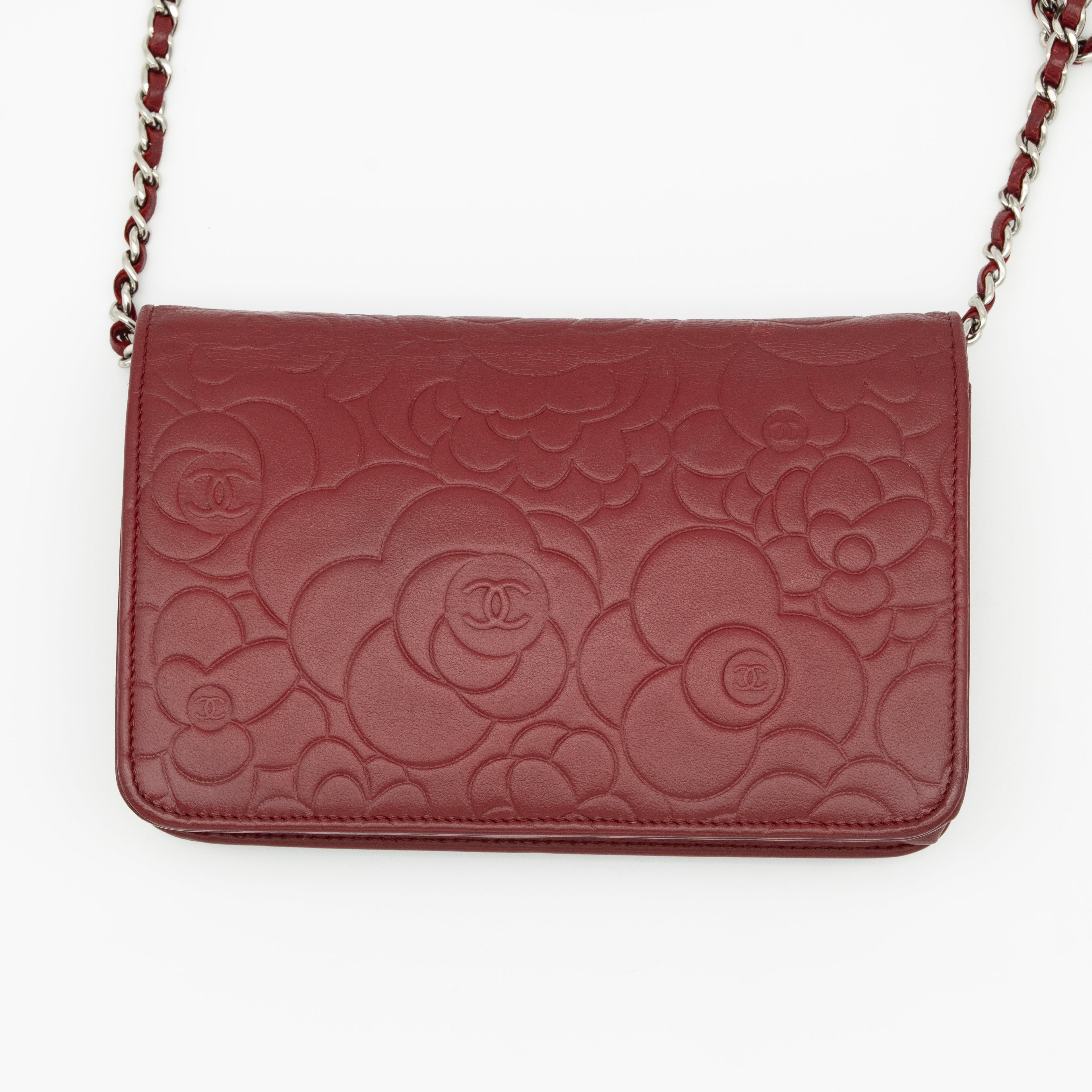 CHANEL Dark Red Camellia Embossed WOC Lambskin SHW A47421