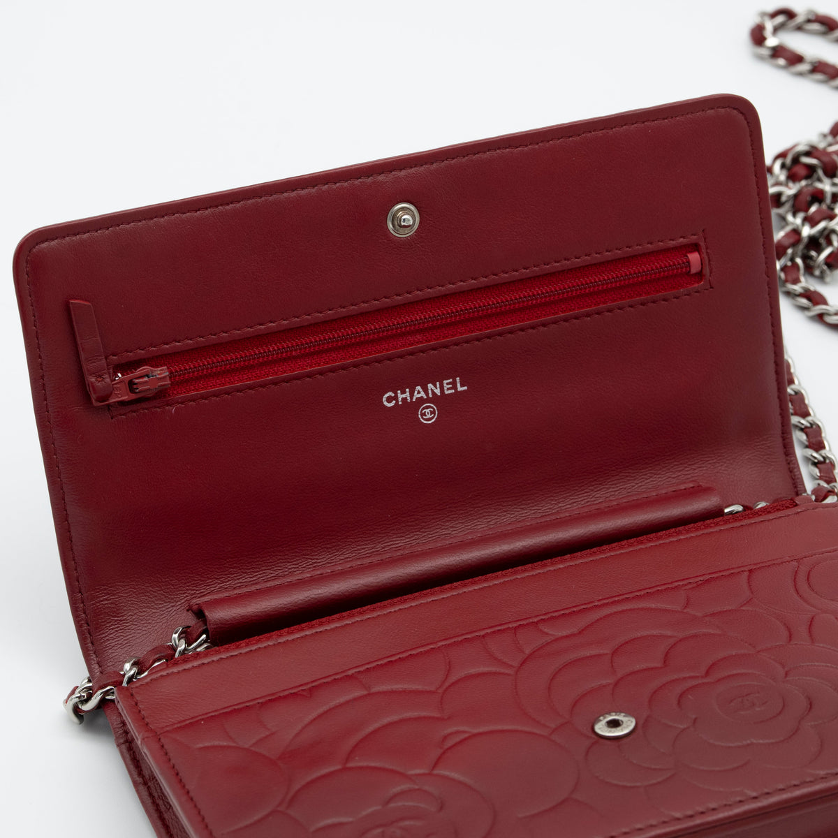 CHANEL Dark Red Camellia Embossed WOC Lambskin SHW A47421
