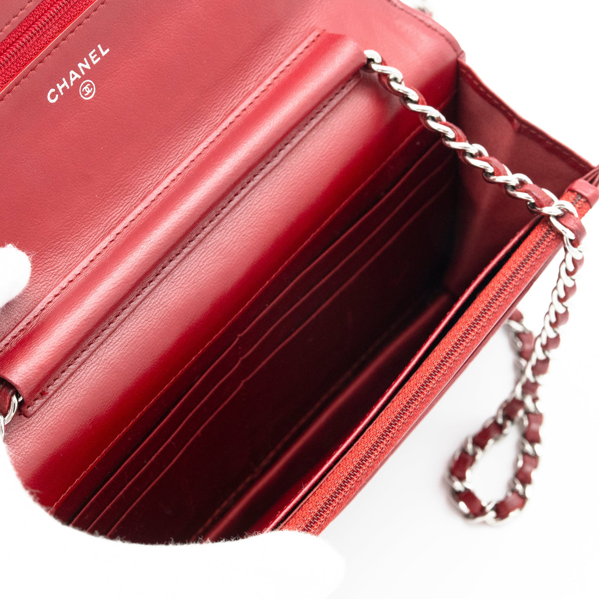 CHANEL Dark Red Camellia Embossed WOC Lambskin SHW A47421