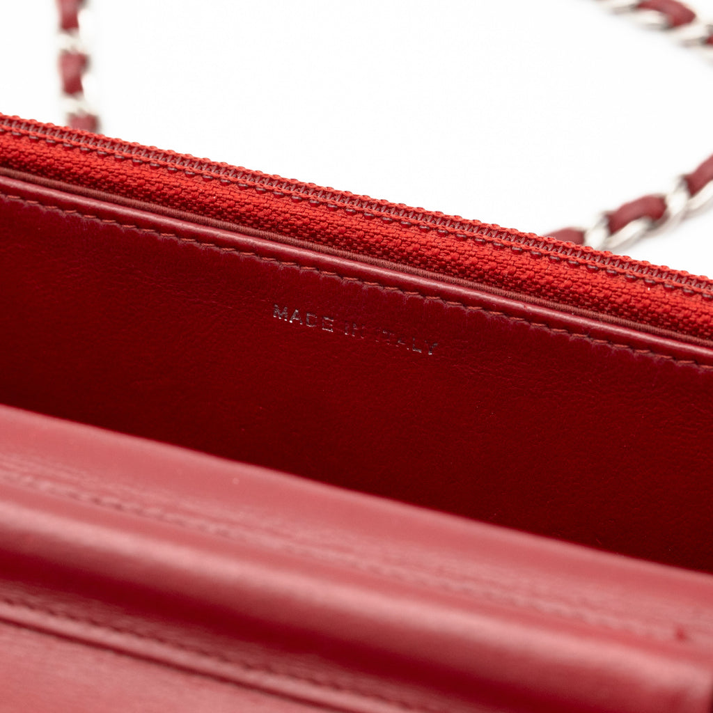 CHANEL Dark Red Camellia Embossed WOC Lambskin SHW A47421