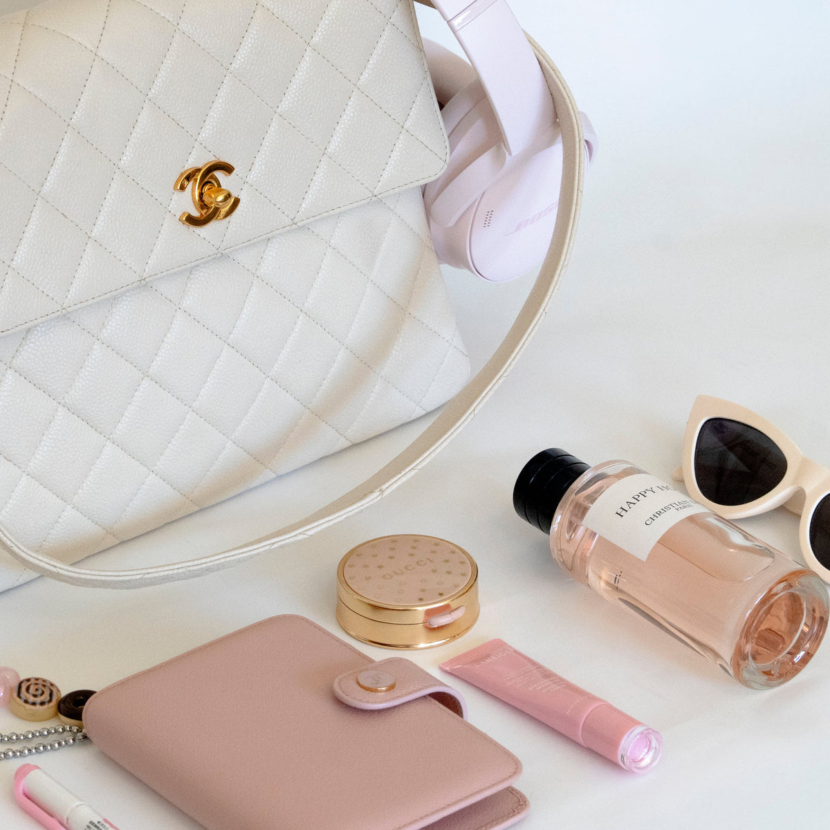 CHANEL Vintage Ivory Quilted Caviar CC Turn Lock Flap Bag 24K GHW