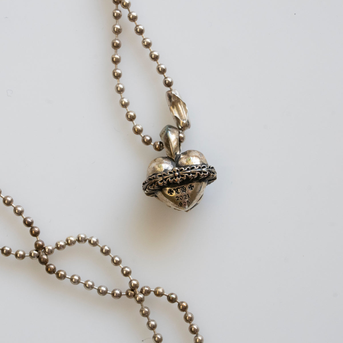 Chrome Hearts Heart Orbit Charm Pendant with Silver Ball Chain Necklace